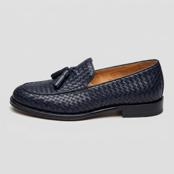 SAXONE Mocassino uomo intrecciato a mano in pelle di vitello blu